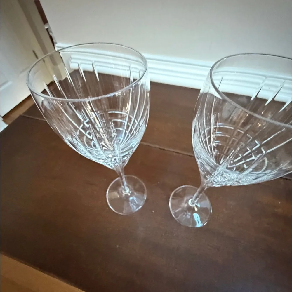 2 Tiffany & Co. Plaid Wine Glasses, 9 3/8”
